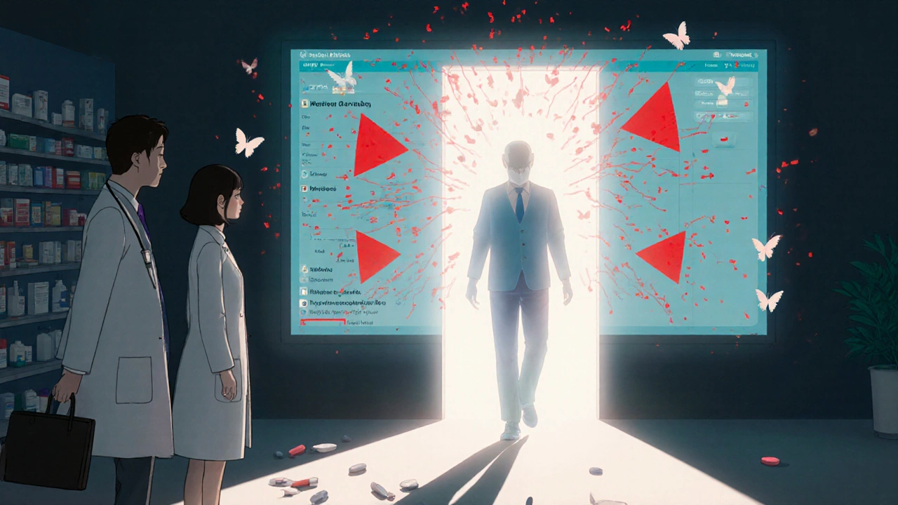 A doctor and pharmacist beside a glowing EHR screen as an older adult sheds pills and walks toward light.