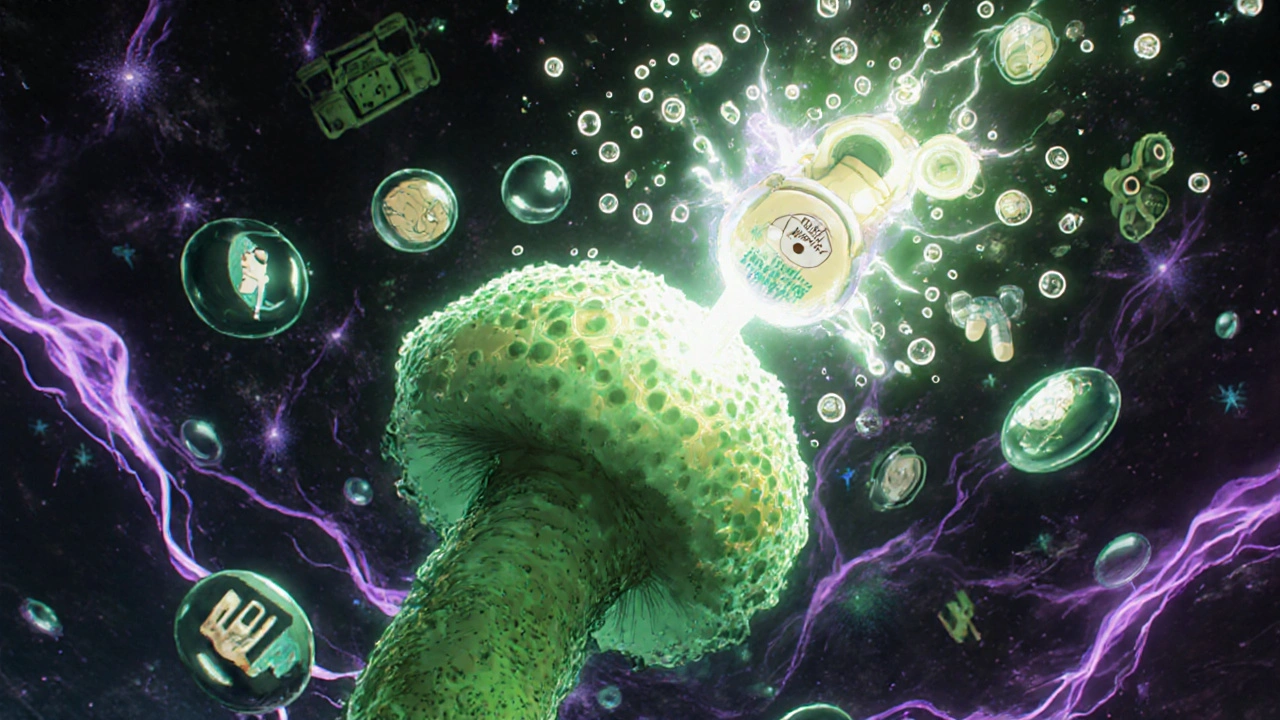 A fungal cell overwhelmed by toxins as omeprazole disables its toxin-pump, boosting fluconazole.