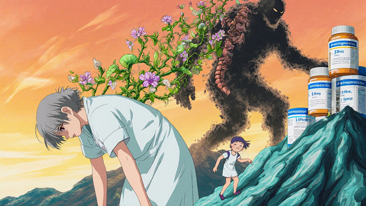 A woman rising from illness as flowering vines replace her damaged bones, with prednisolone dissolving behind her.