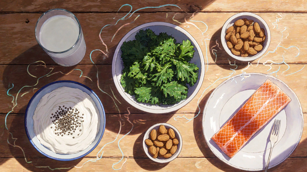 Assortment of calcium‑rich foods on a table, including soy milk, yogurt, kale, almonds, and salmon.