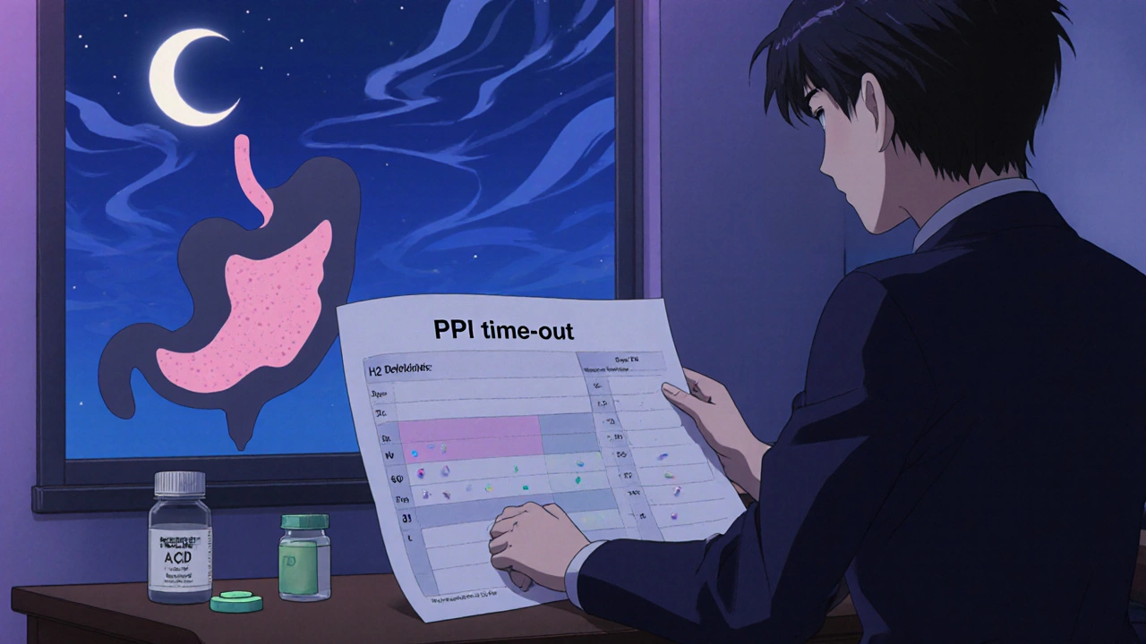 Clinician and patient reviewing a chart in a twilight office, bedside H2 blocker tablet, night stomach silhouette.