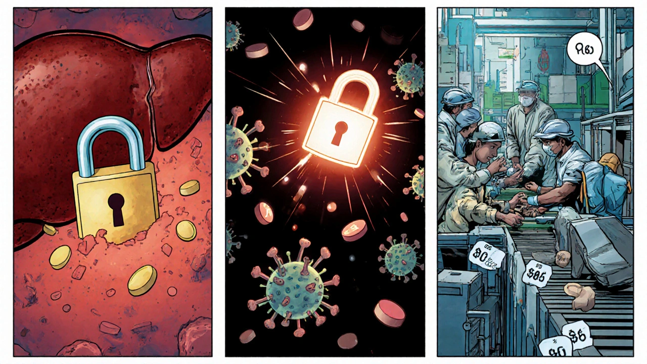Comic panels showing Ledipasvir blocking virus inside liver cell and cheap tablets produced.