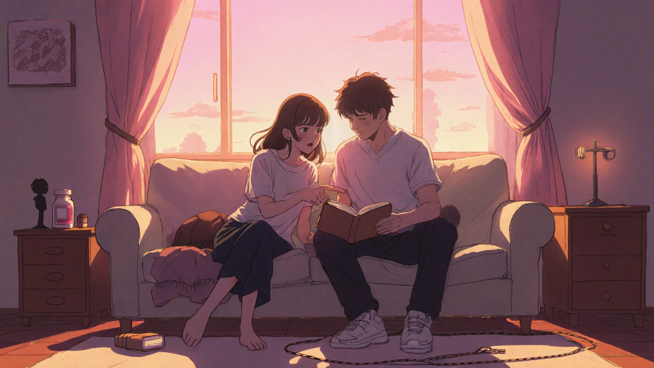 Couple sharing a diary, exercising and meditating together in a warm sunrise setting.