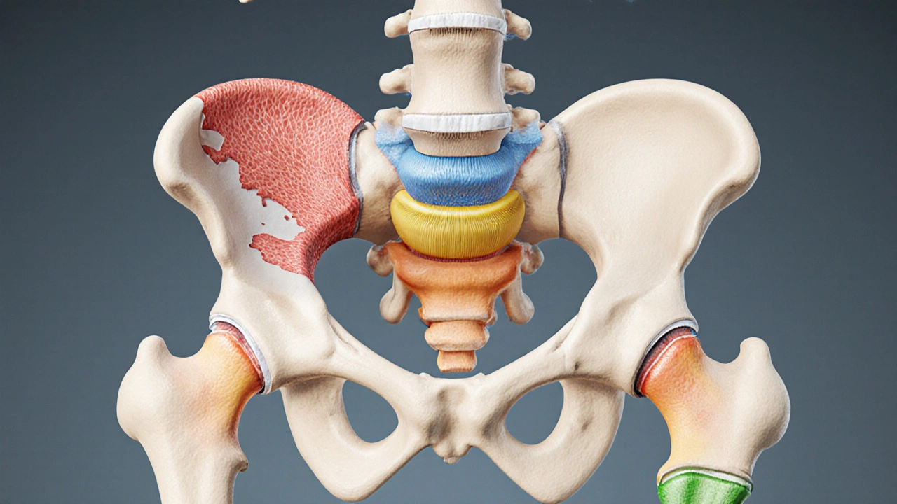 Cross‑section of lumbar spine showing fracture, osteoporosis, disc loss, and joint inflammation.