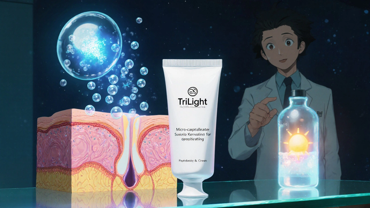 Dermatology office at night with TriLight cream and animated skin cross‑section illustrating synergy.