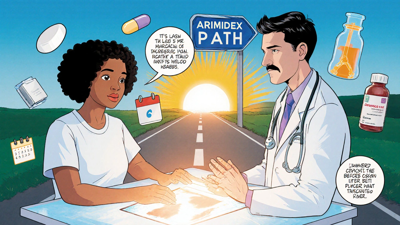 Doctor and patient reviewing DEXA scan with treatment icons and Arimidex road sign.