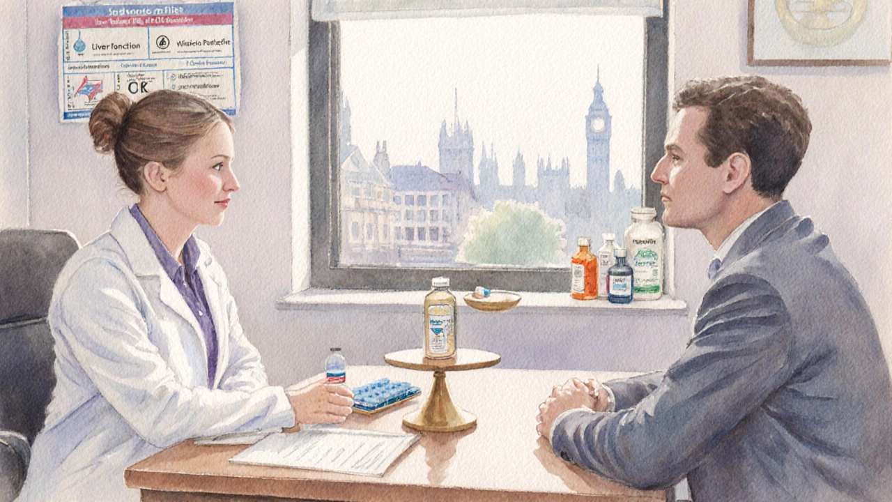 Doctor and patient weighing Zanaflex against other muscle relaxants on a scale.