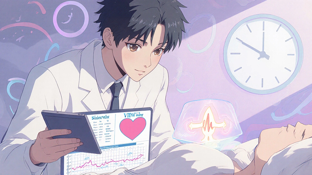 Doctor evaluating thyroid, liver, and ECG results, weighing benefits against toxicity in manga illustration.