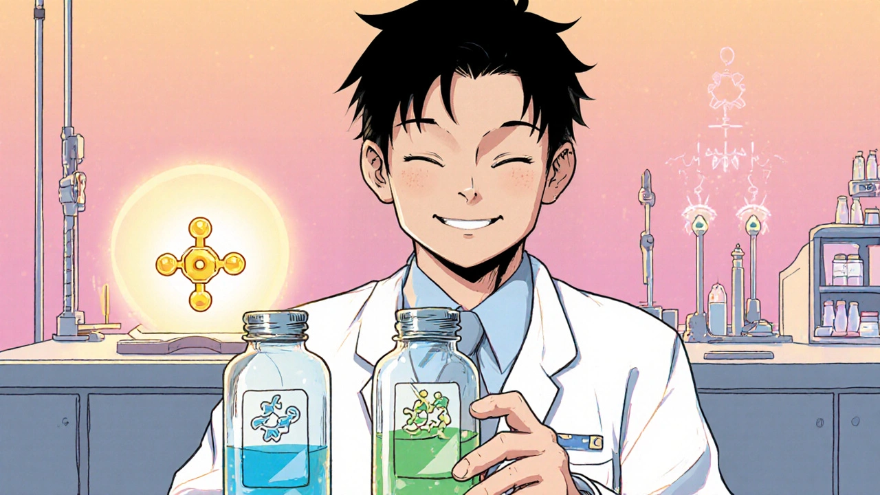 Doctor presenting cetirizine and loratadine bottles with a glowing new molecule on a bright pharmacy counter.