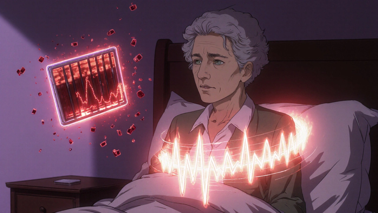 Elderly woman with a spiraling electric waveform around her chest, indicating Torsade de Pointes.