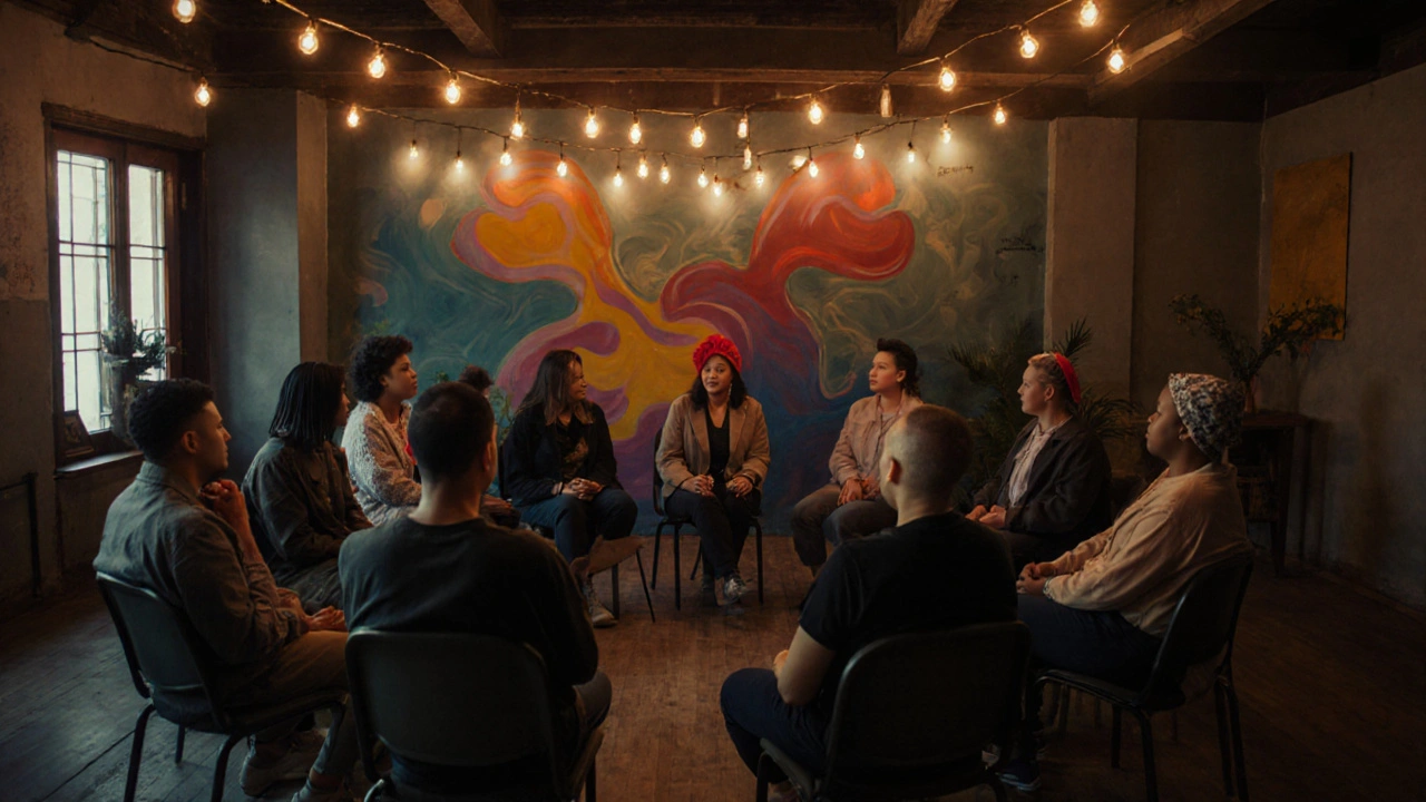 Evening support group gathering with people wearing bold headwear, feeling empowered.