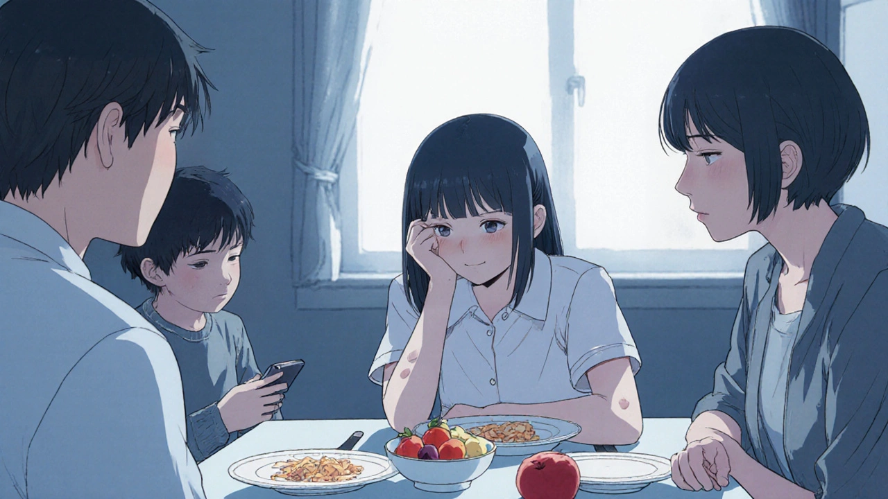 Family gathered around a meal, tension visible as a teen looks anxious and isolated.