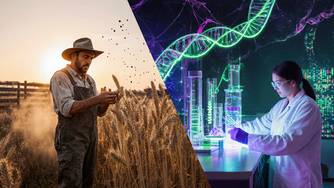 Farm side with hand‑pollination contrasted with lab side using CRISPR tools.