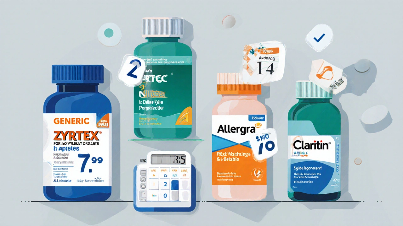 Flat lay of generic and brand antihistamine bottles with price tags and calculator for comparison.