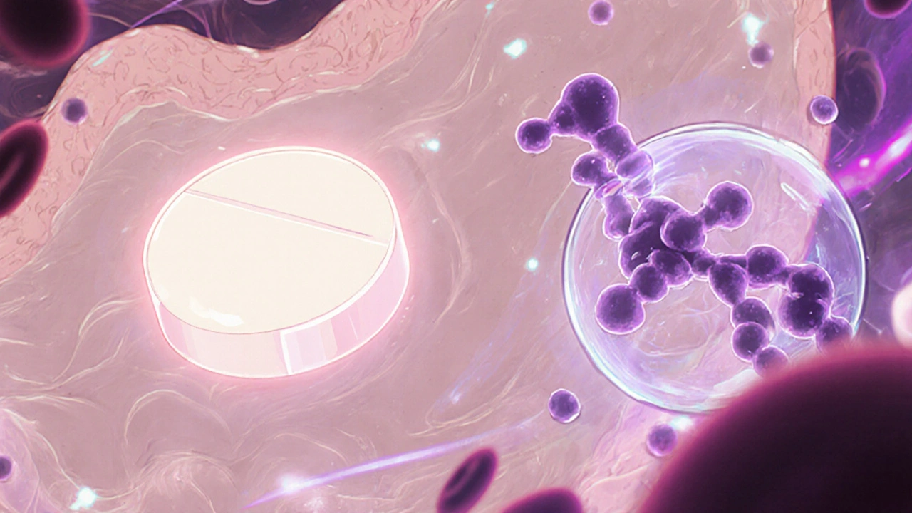 Fluconazole pill unaffected by PPIs, while warfarin molecules are blocked by purple enzyme chains.