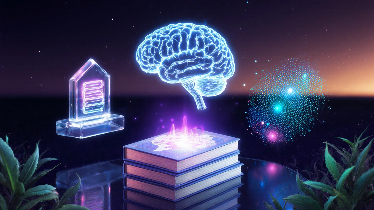 Futuristic AI brain, gene library, and base‑editing tool surrounded by digital crops.
