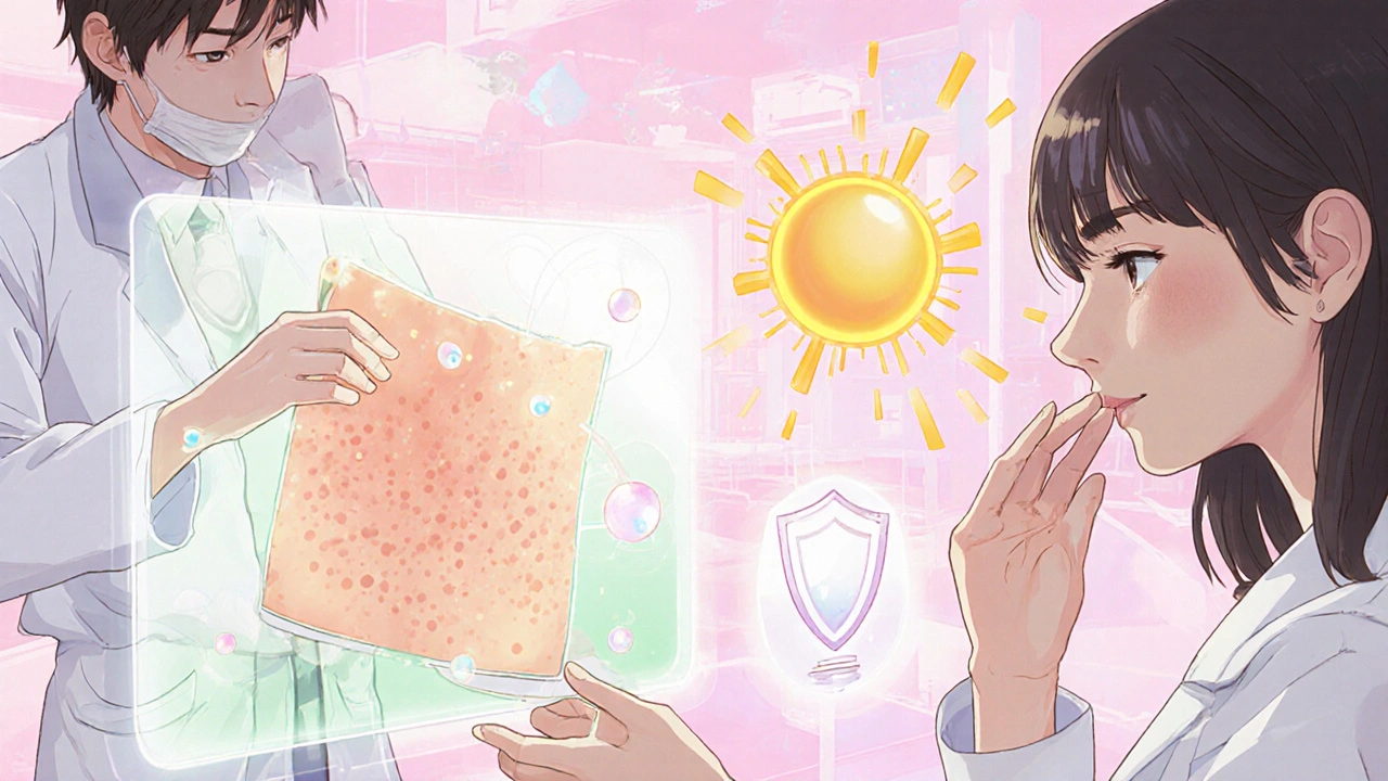 Futuristic Japanese lab with nanocarrier research and patient showing skin lightening.