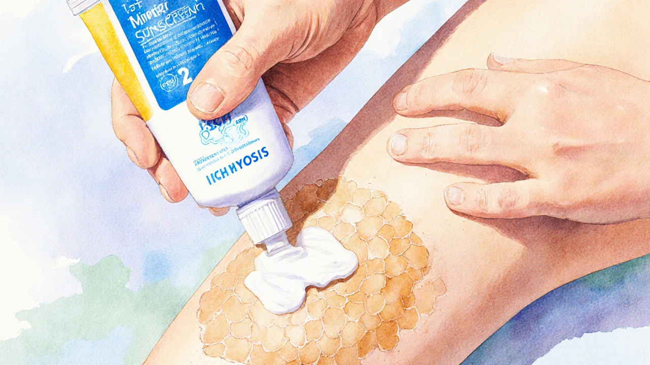 Hand applying mineral sunscreen to a rough knee patch in watercolor style.