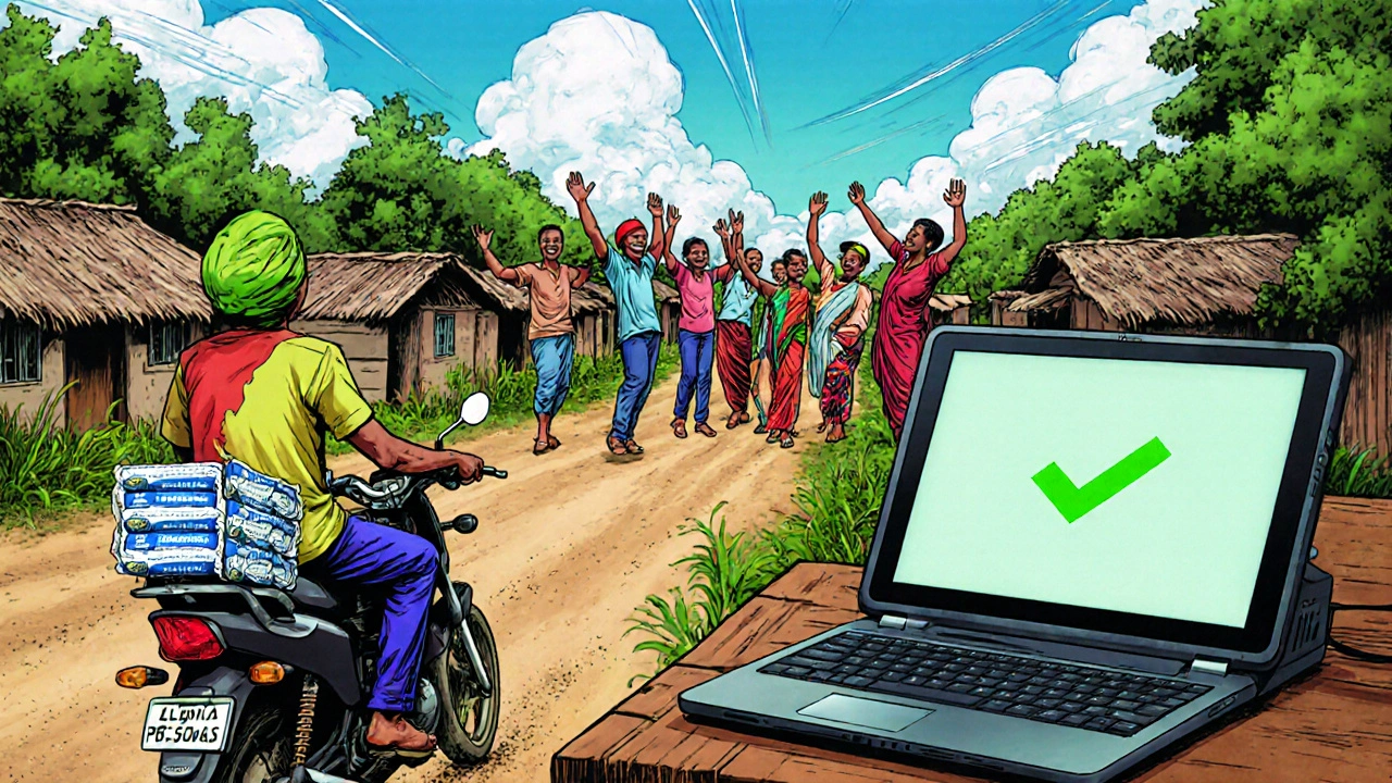 Health worker delivering Ledipasvir pills, portable PCR confirming cure in village.