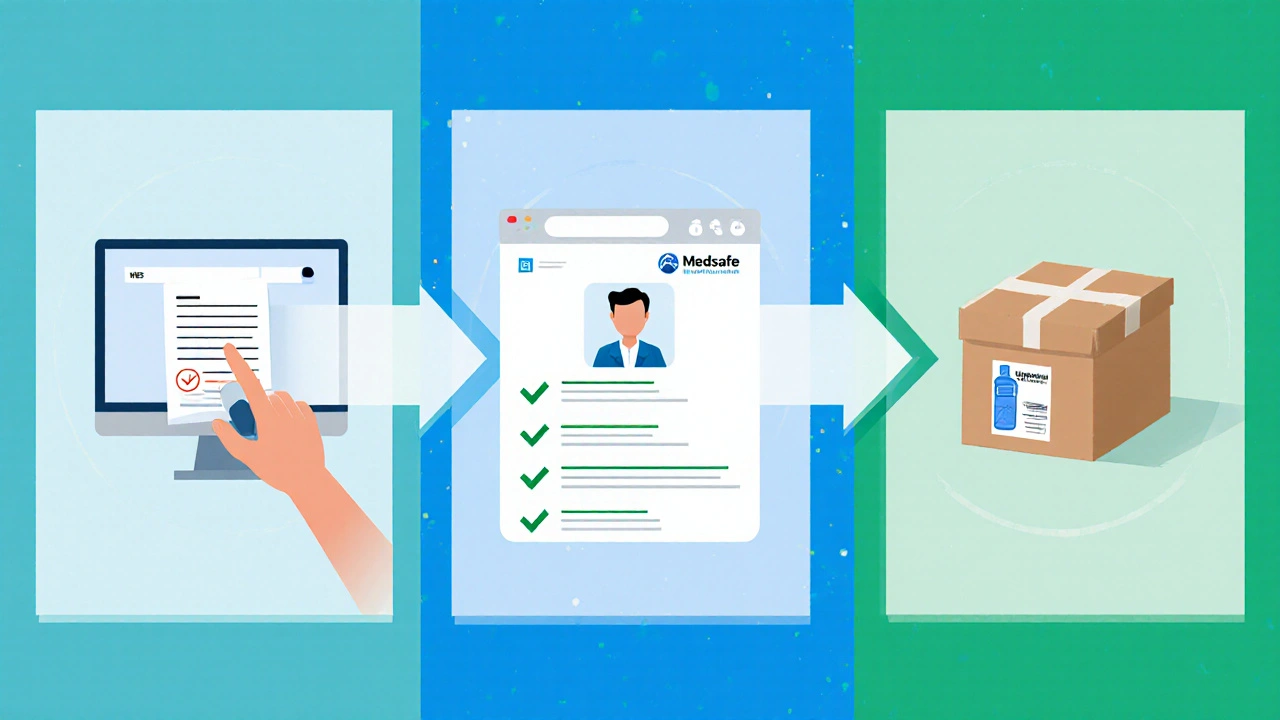 Illustrated sequence of scanning prescription, verifying pharmacy, and receiving a shipped medication box.