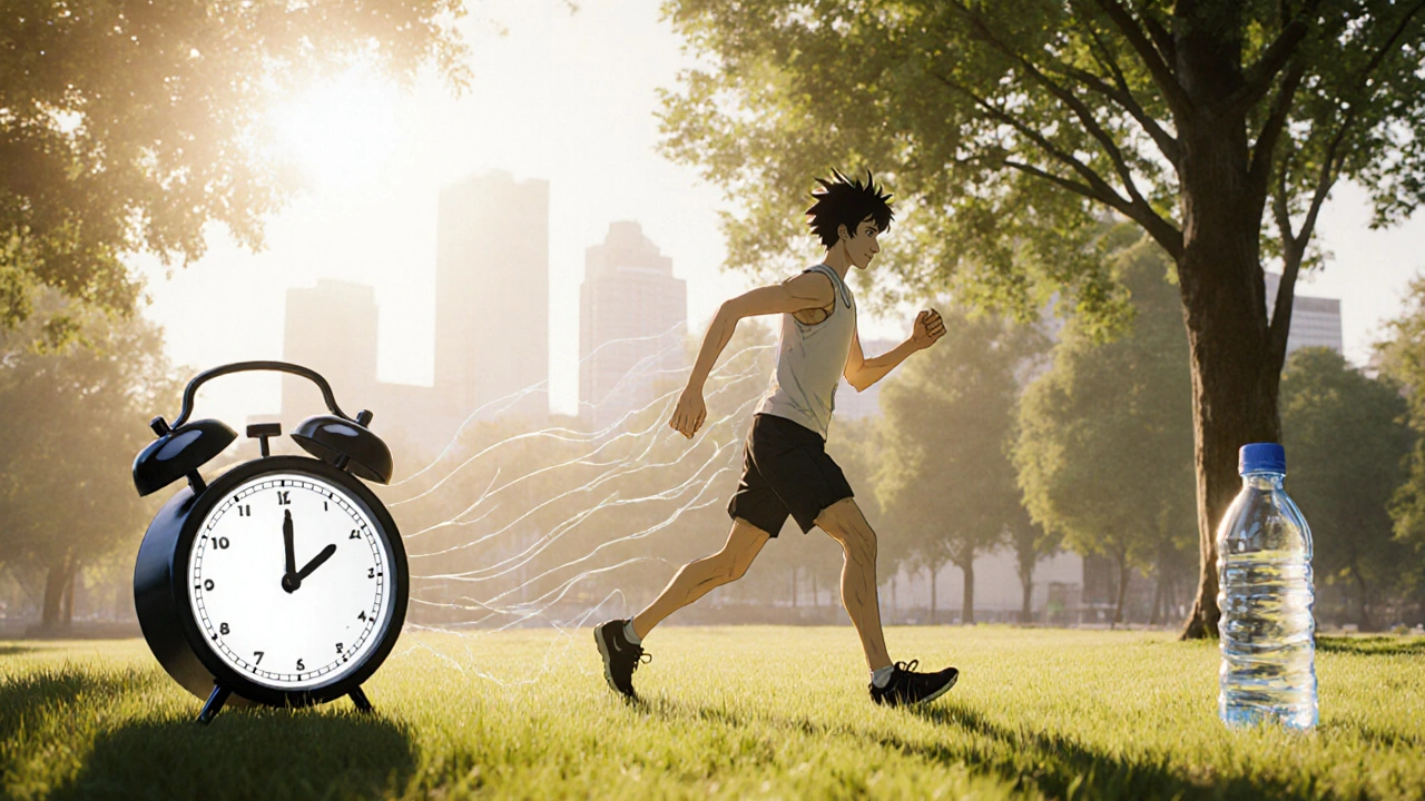 Individual walking confidently in sunlight with motion lines, after an hour of standing post‑pill.