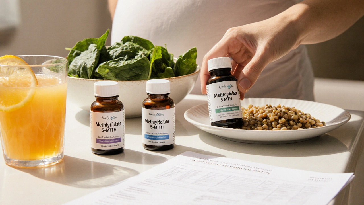 Kitchen scene with fresh foods and three supplement bottles, pregnant woman's hand reaching for methylfolate.