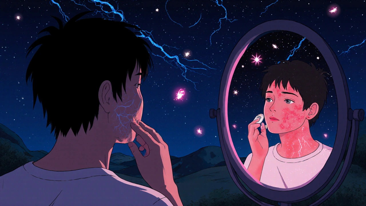 Nighttime skincare transformation into a cosmic landscape with fading reflection