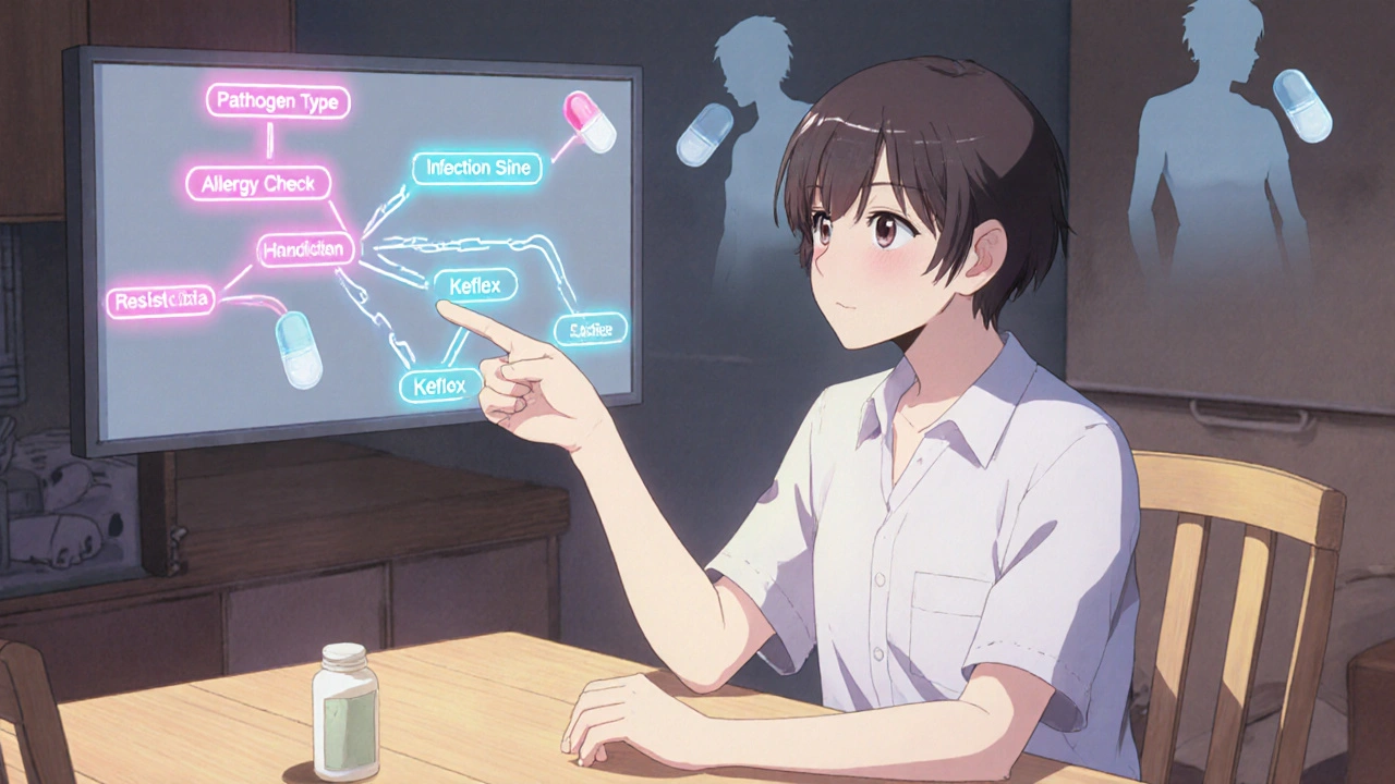 Patient at a table looking at a glowing decision tree showing antibiotic choices.