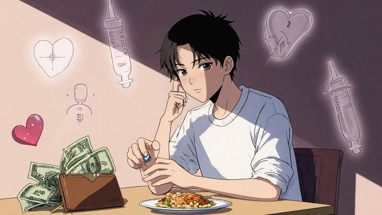 Person at a kitchen table deciding between Trim Z and other meds, with wallet and health cues.