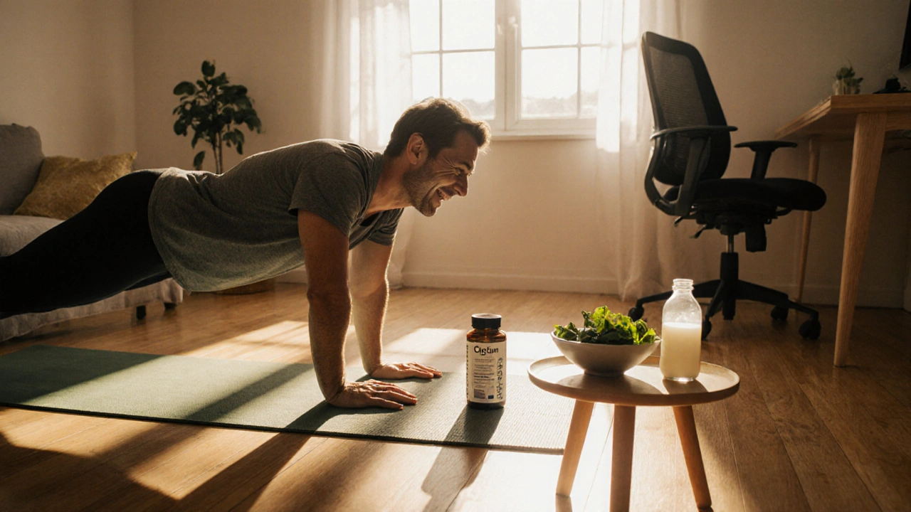 Person doing core exercises beside calcium‑rich foods and ergonomic workspace.
