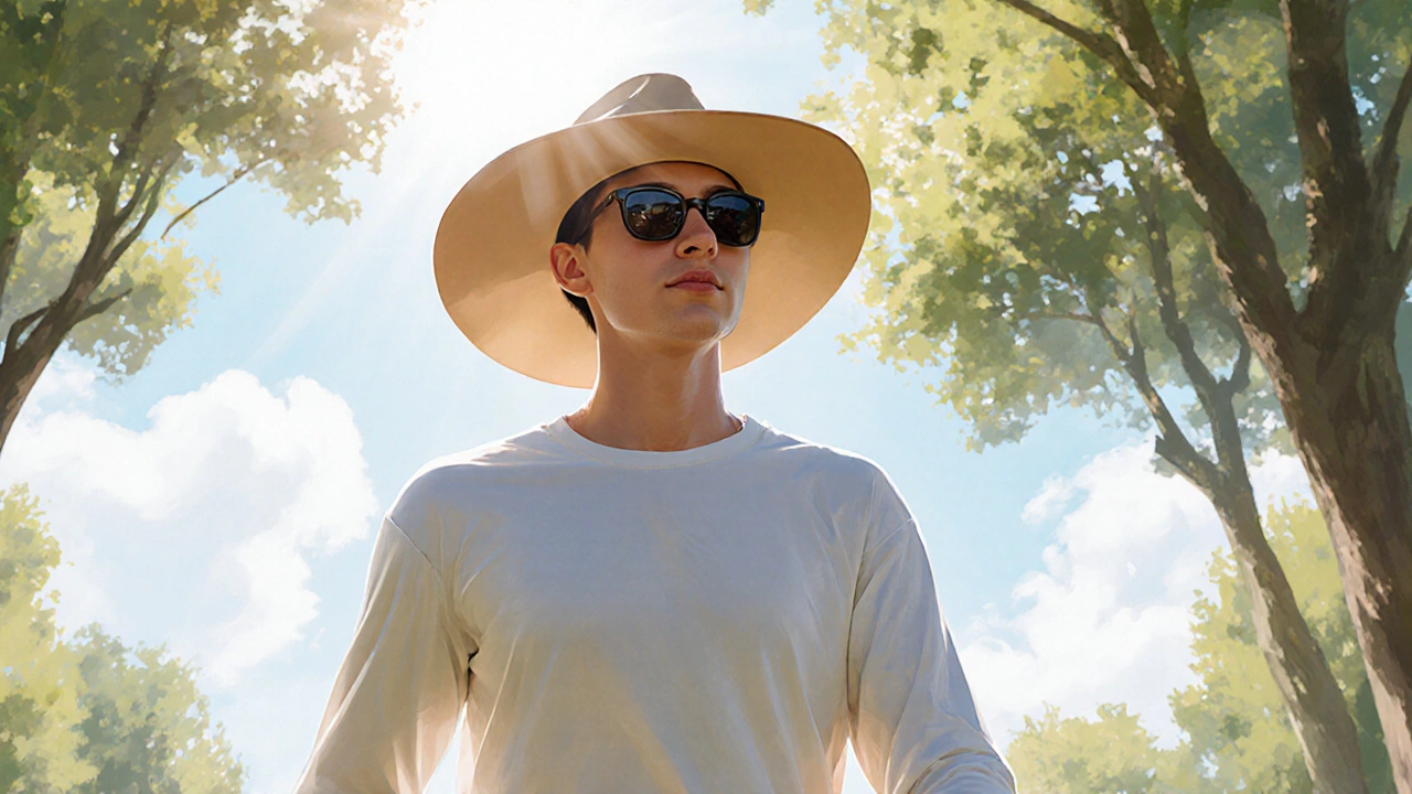 Person in UPF clothing and hat walking in sunlit park with protected skin.