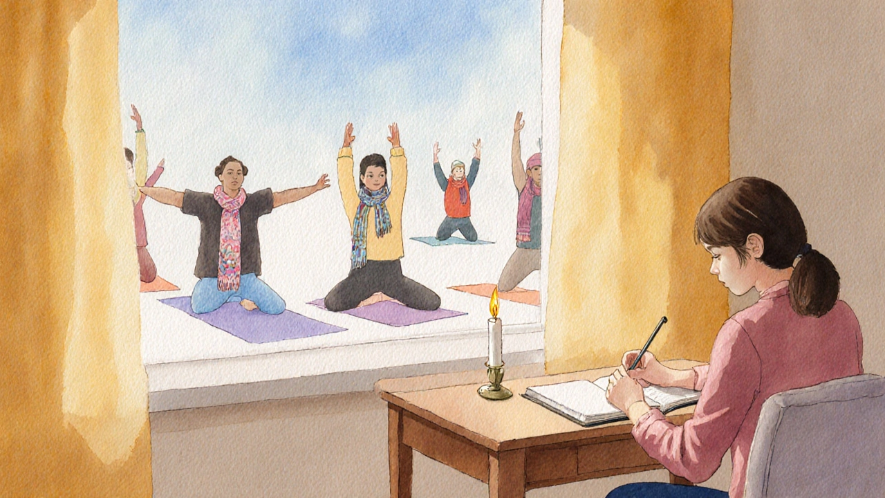 Person journals while a group practices yoga, illustrating coping strategies.