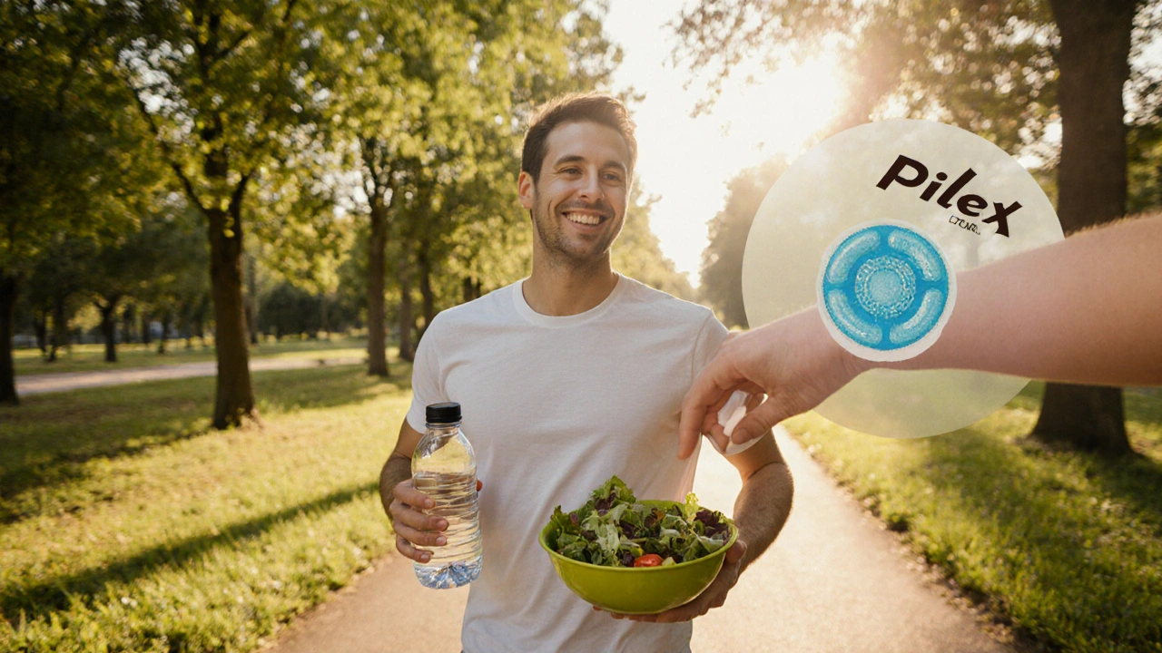 Person walking in park with water bottle and salad, translucent Pilex tablet nearby.