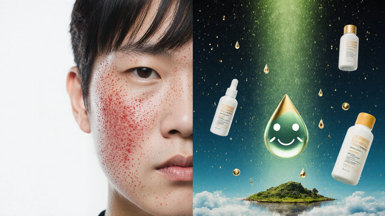 Split-face showing rosacea treatment effects with surreal skincare elements
