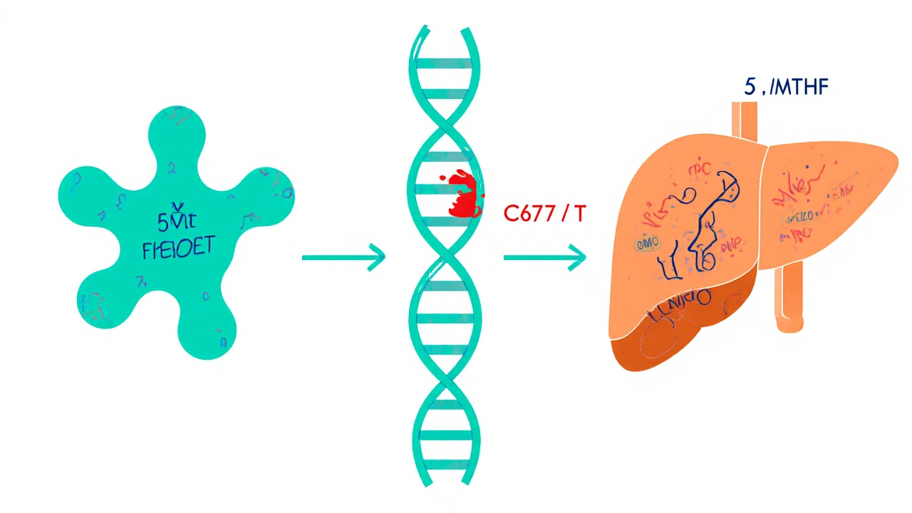 Split illustration of methylfolate and folinic acid molecules linked to DNA and MTHFR gene.