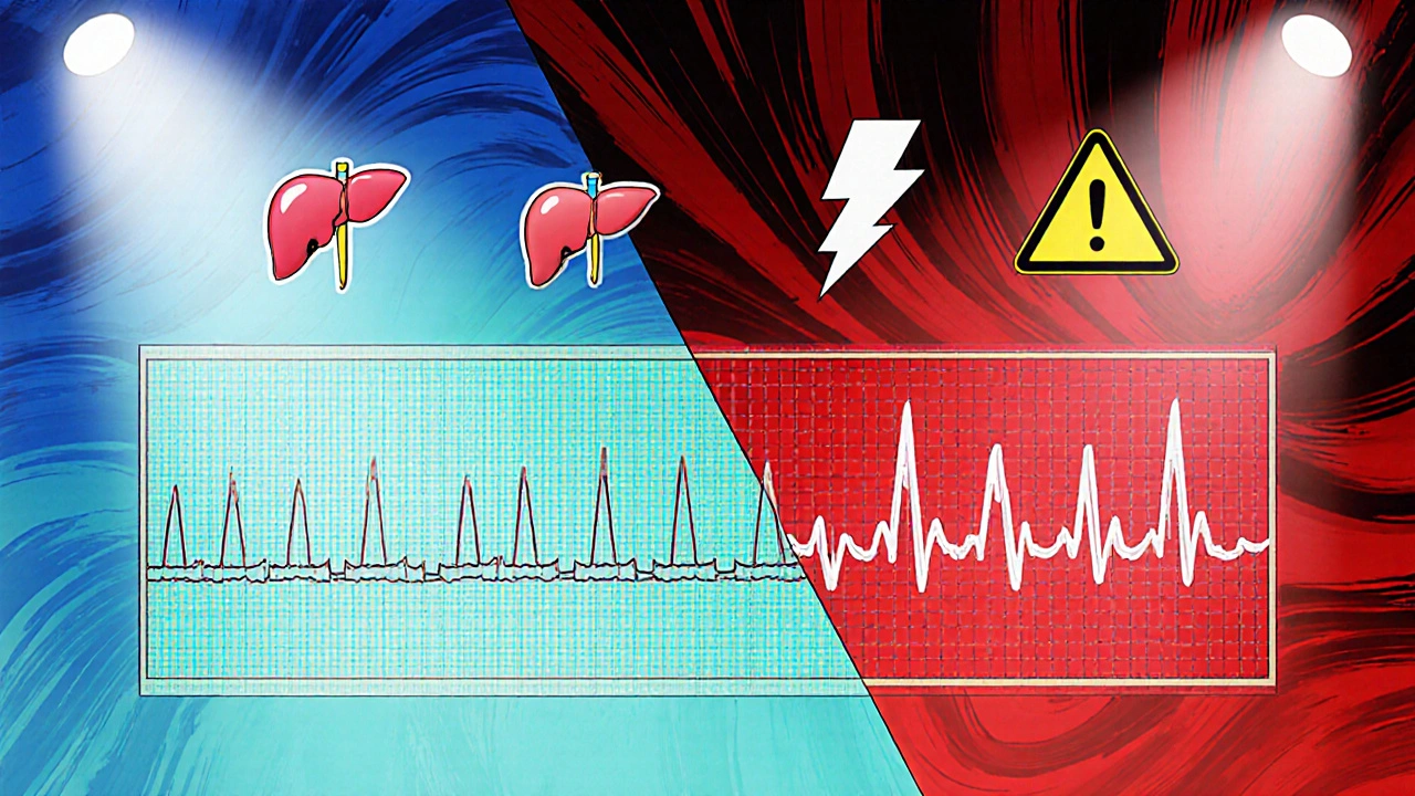 Split‑screen showing safe (metoprolol, diltiazem) vs risky (flecainide, sotalol) drug combos with ECG highlights.