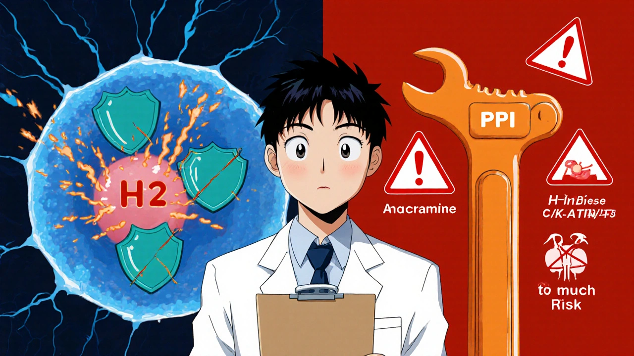 Split view of cell showing H2 blocker blocking receptors and PPI disabling pump, doctor reviewing risk warnings.