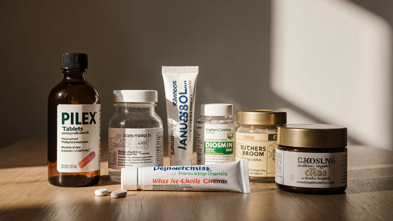 Still‑life of various hemorrhoid treatment products arranged on a wooden table.