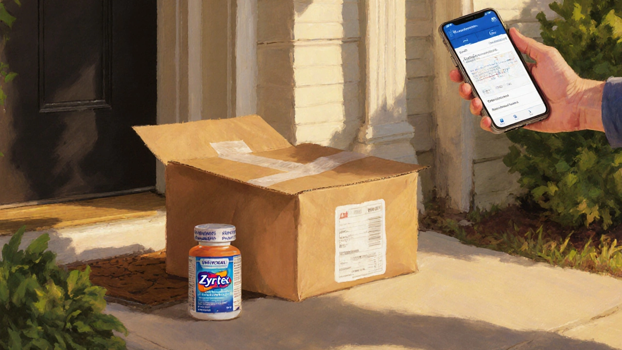 Sunny doorstep with opened parcel revealing generic Zyrtec bottle and person checking delivery on phone.