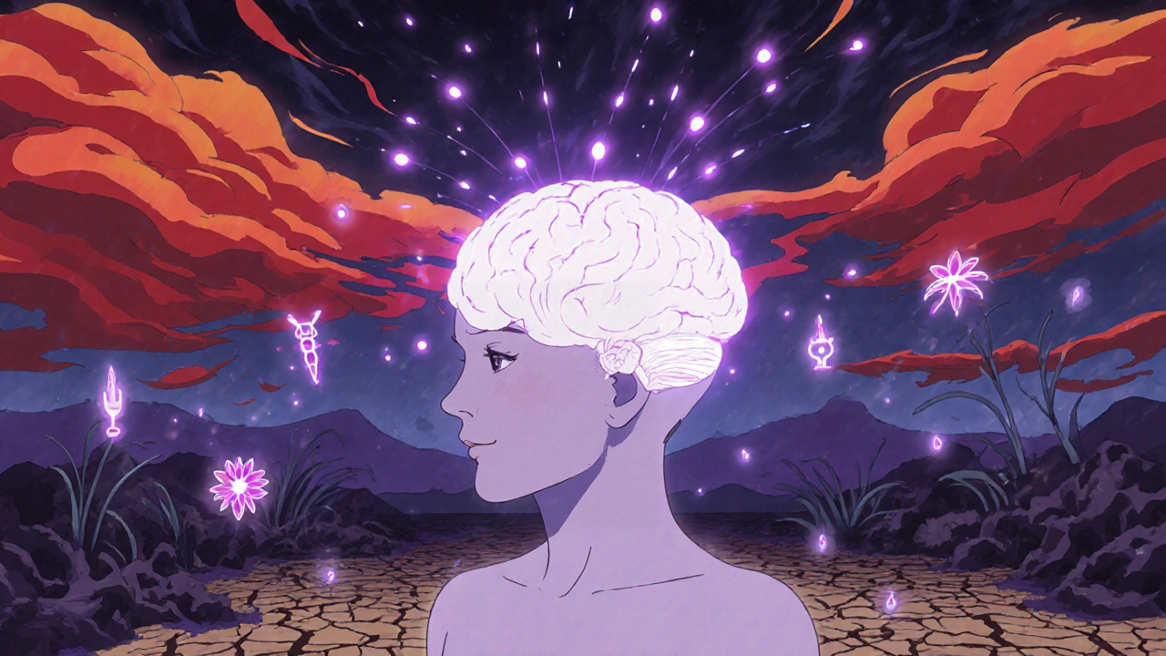 Surreal brain scene showing dim dopamine, stormy cortisol, and dry vessels representing sexual health effects.