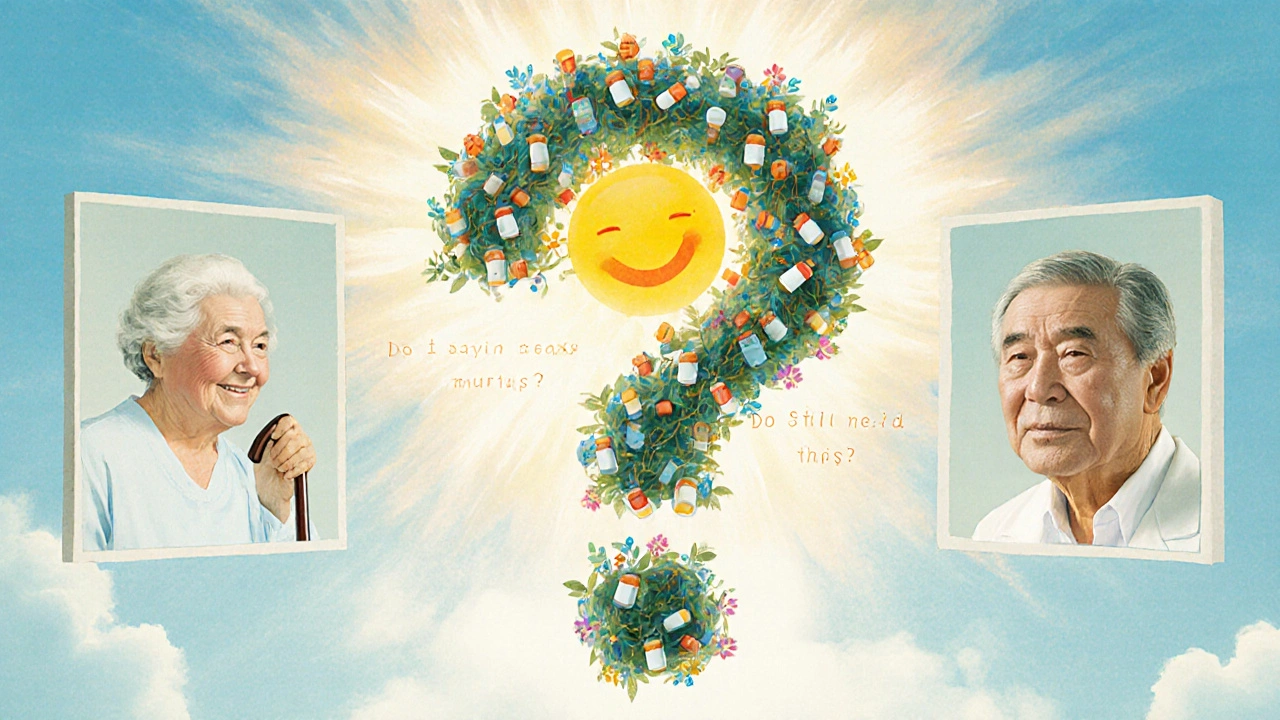 Three elderly patients shedding medication chains that turn into flowers, symbolizing relief from drug burden.