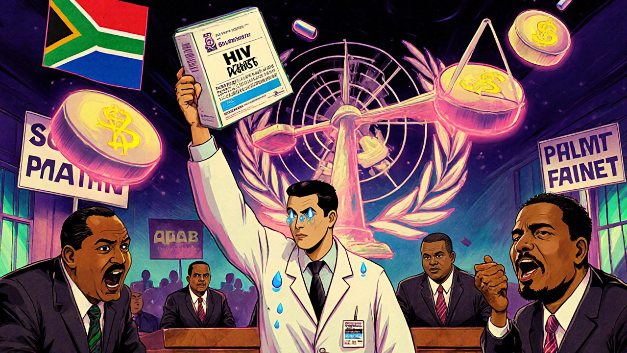 A doctor holds a generic pill in court against corporate lawyers made of dollar signs, tears becoming pills.