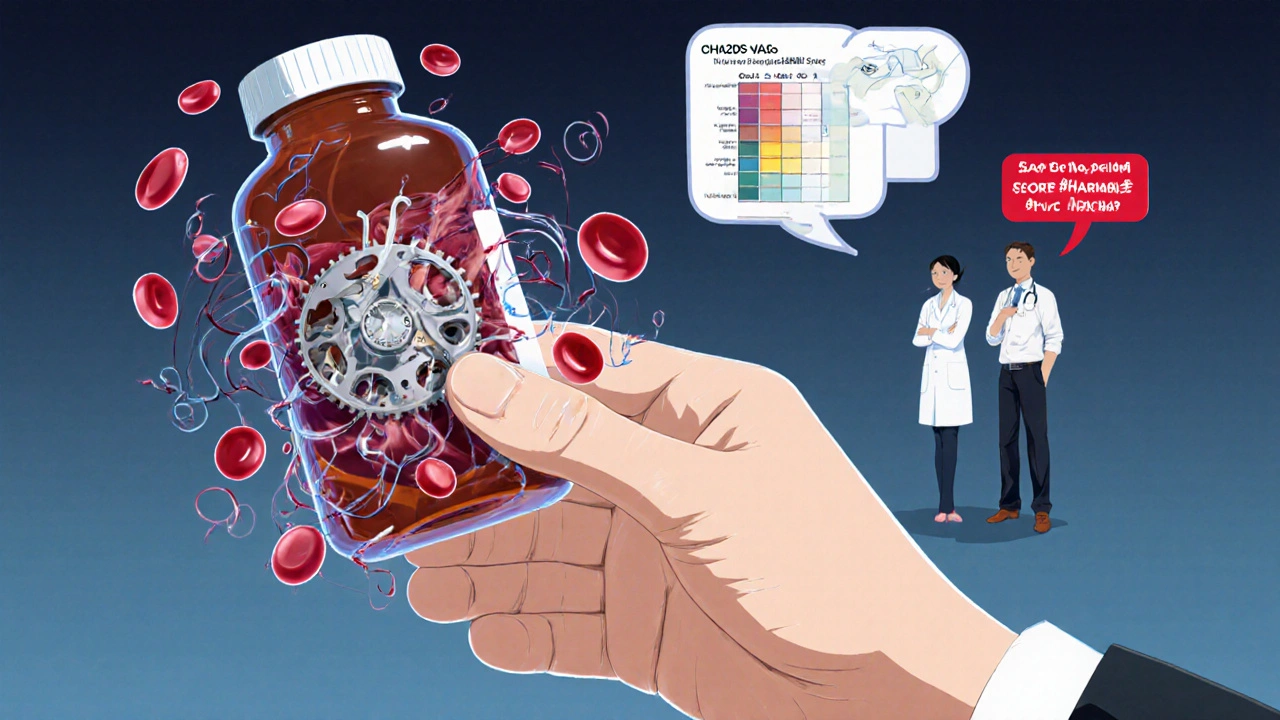 A hand holds a pill bottle that becomes a mechanical heart valve surrounded by swirling blood cells, with a shifting risk score chart in the background.