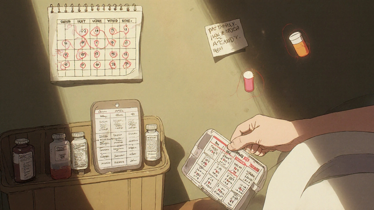 A hand organizes medications in a bedroom, with a cooling device and labeled bottles beside a dated pill organizer.