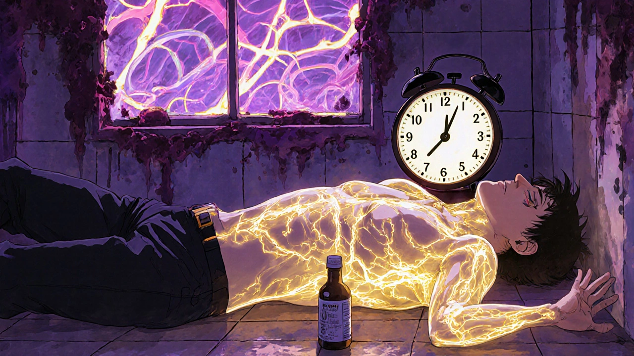 A man collapsing with translucent veins flooded by golden cGMP waves, poppers bottle nearby, emergency lights flashing.