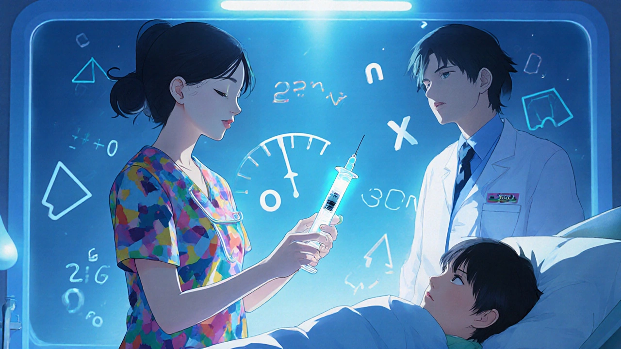 A nurse double-checking a glowing syringe dose with another staff member in a pediatric hospital room.