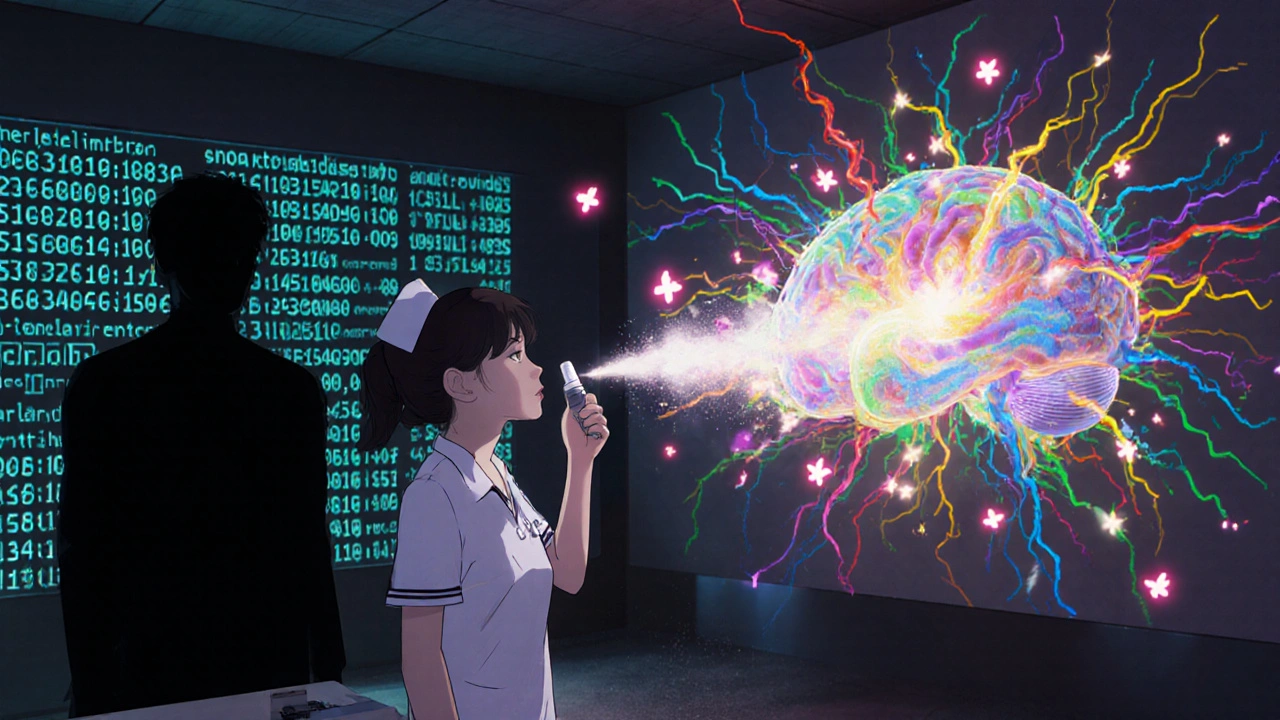 A nurse sprays nasal ondansetron that becomes a rainbow neural vortex, connecting to dancing brain neurons while genetic sequences glow behind.