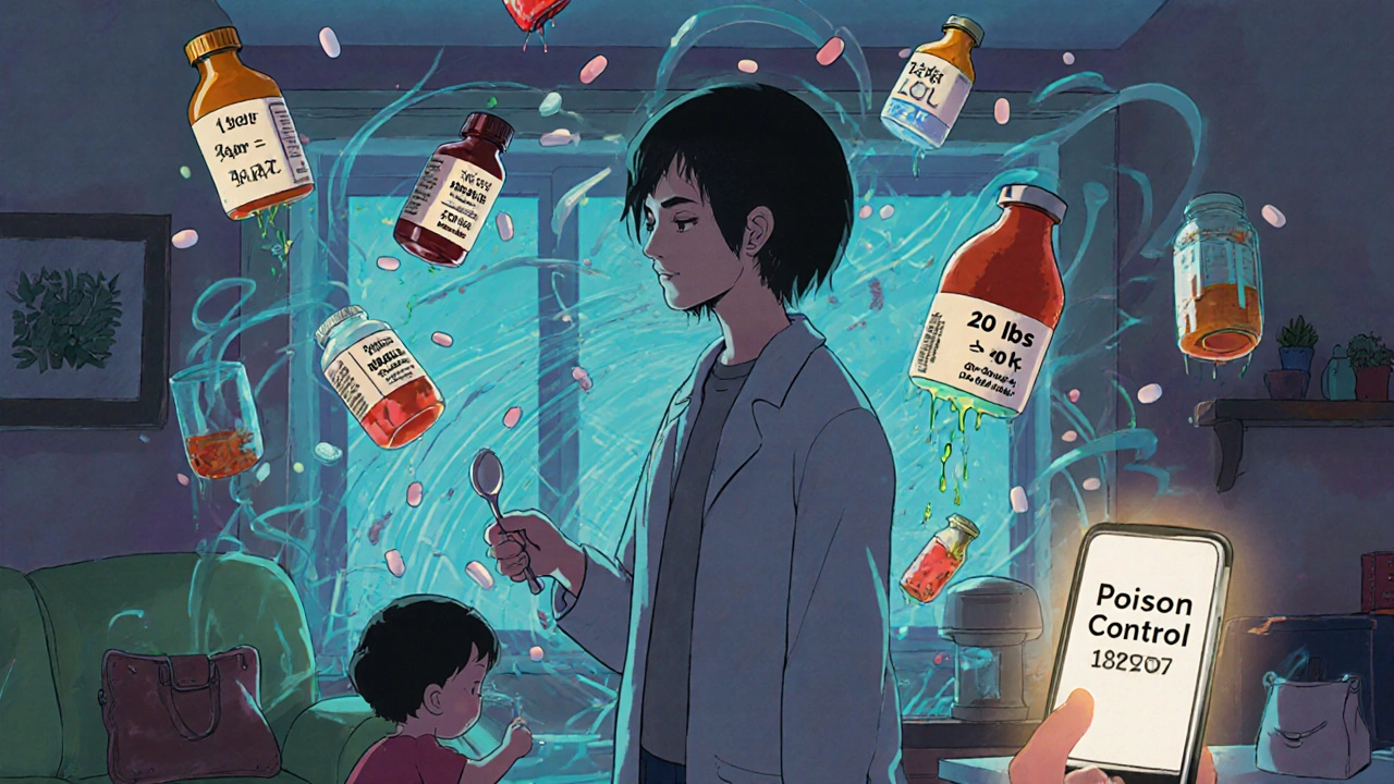 A parent in a chaotic kitchen surrounded by floating medicine labels and pills, with a child reaching for a purse.
