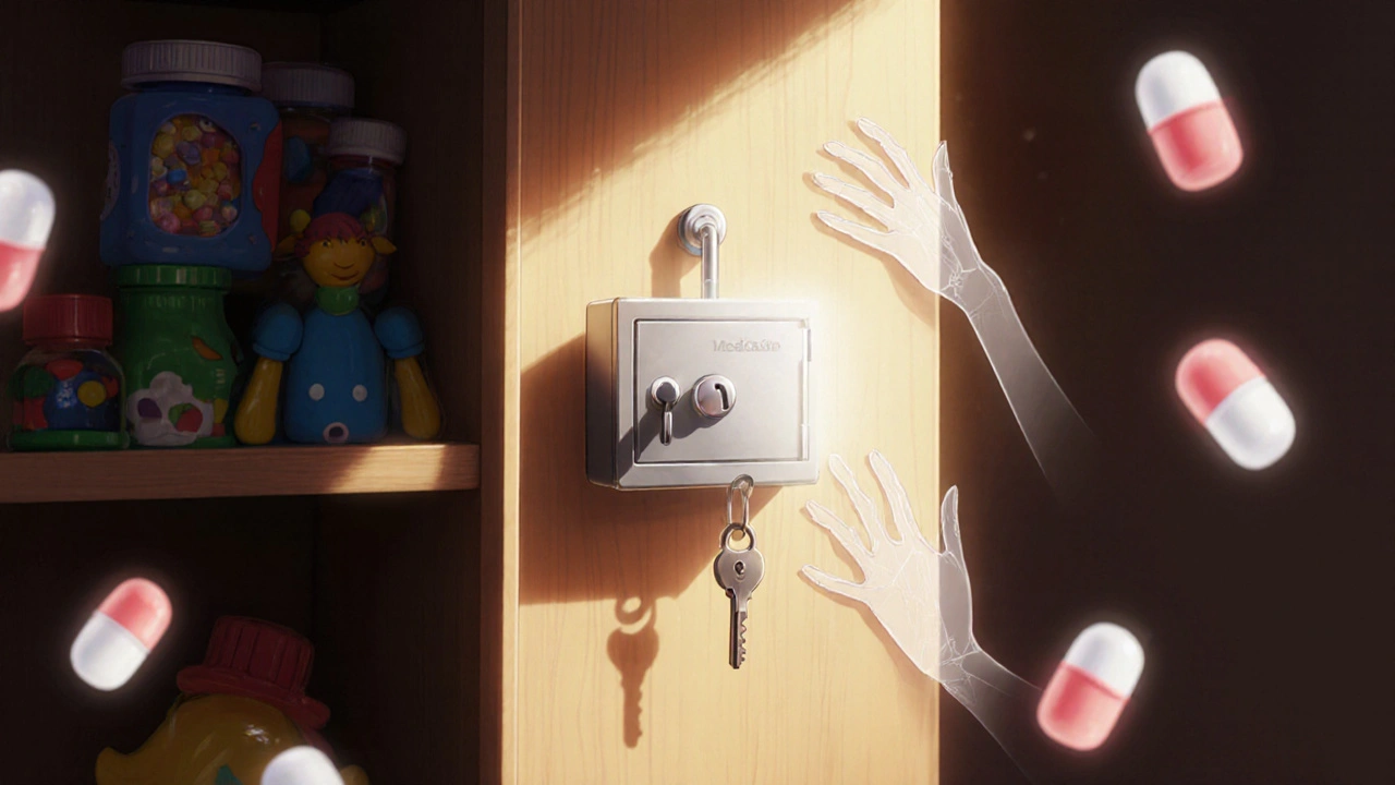 A parent locks a medication safe in a closet, ghostly hands reaching toward it from behind the door.