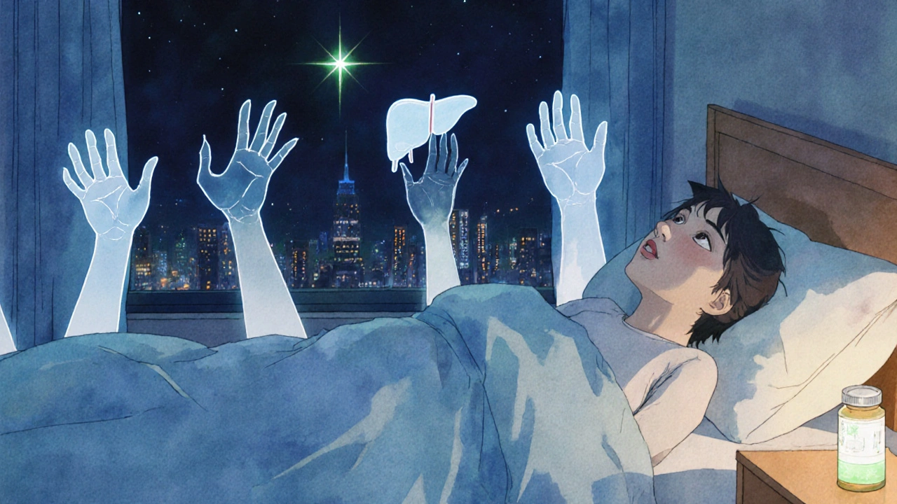 A patient lying awake at night, ghostly emotion hands emerging from the bed, a glowing smart pill bottle on the nightstand.